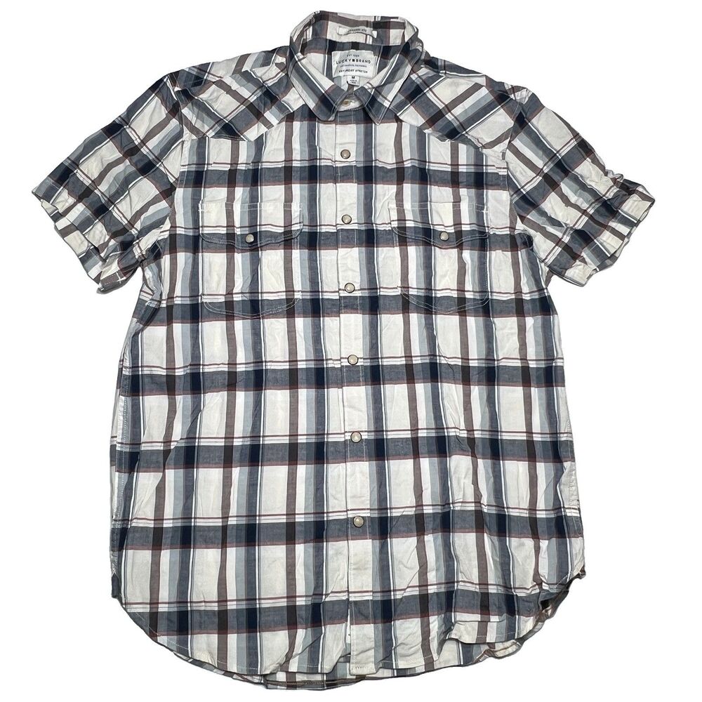 Lucky Brand Saturday Stretch Shirt Mens M Plaid Pearl Snap Button Short Sleeve